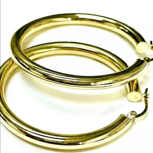 Shiny! Solid 10k Yellow Gold 1.6” 3mm Thick Tube Hoop Earrings - Picture 3 of 4